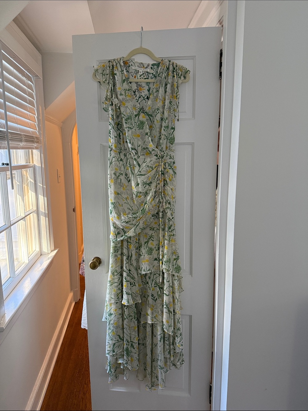 Veronica Beard White Floral High-Low Ruffle Maxi Dress with Yellow Accents